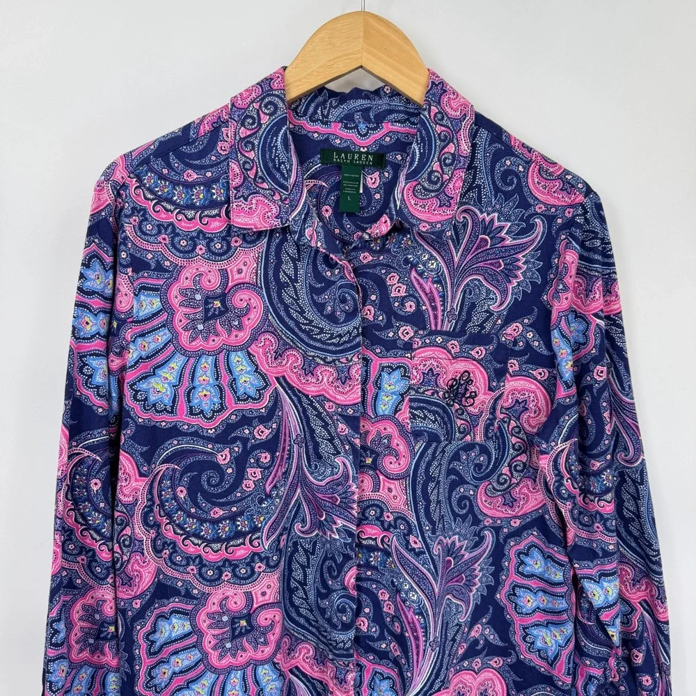 Lauren Ralph Lauren Sleep Shirt Womens L Blue Pink Paisley Cotton Button Front